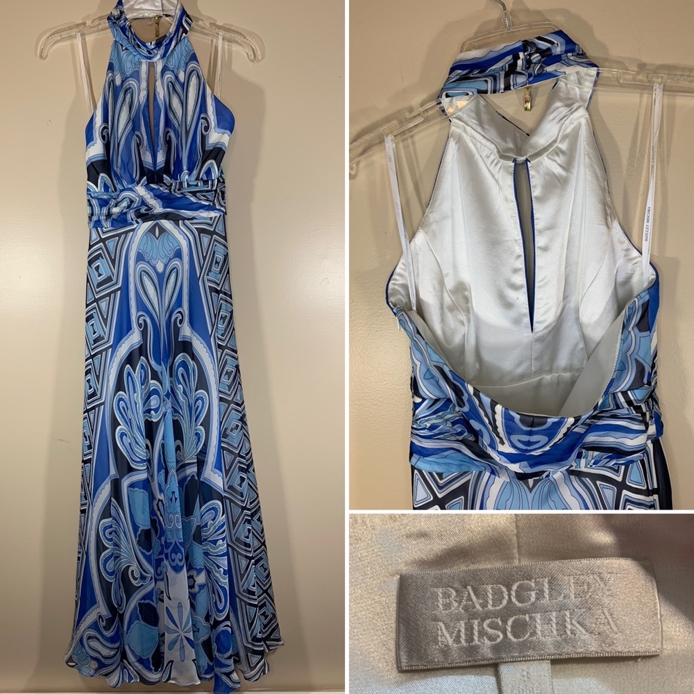 Badgley Mischka high mock neck silk dress. Size 8